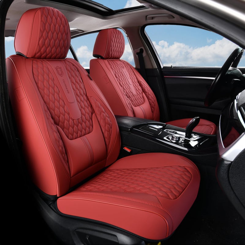 Coverado Car Seat Covers Front Seats, Luxury Faux Leather Red Seat Covers for Cars Waterproof Seat Covers with Lumbar Support, Car Seat Protector Universal Fit for Most Cars SUV Truck(Front, Red) - Image 1