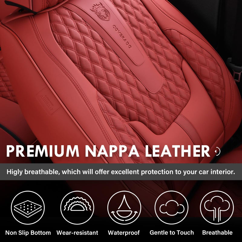 Coverado Car Seat Covers Front Seats, Luxury Faux Leather Red Seat Covers for Cars Waterproof Seat Covers with Lumbar Support, Car Seat Protector Universal Fit for Most Cars SUV Truck(Front, Red) - Image 4