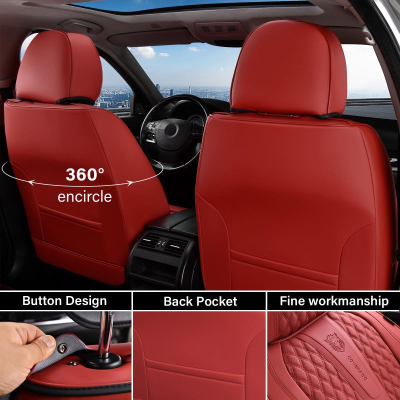 Coverado Car Seat Covers Front Seats, Luxury Faux Leather Red Seat Covers for Cars Waterproof Seat Covers with Lumbar Support, Car Seat Protector Universal Fit for Most Cars SUV Truck(Front, Red) - Image 2