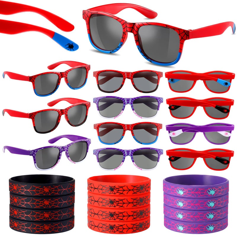 Kingdder 24 Pcs Spider Web Sunglasses and Silicone Wristbands Bracelets Spider Birthday Theme Party Favors Black Red Blue Party Decorations Supplies Gifts (Assorted) - Image 1