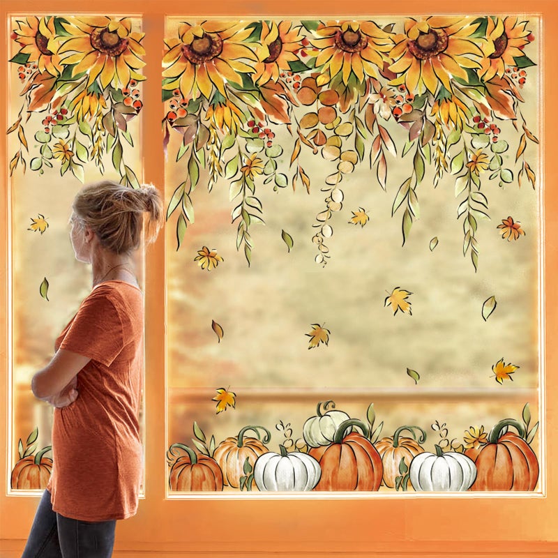Whaline 9 Sheets Fall Sunflower Window Clings Hanging Flower Vine Pumpkin Window Stickers Autumn Floral Static Reusable Window Decals for Harvest Party Home Office Decor