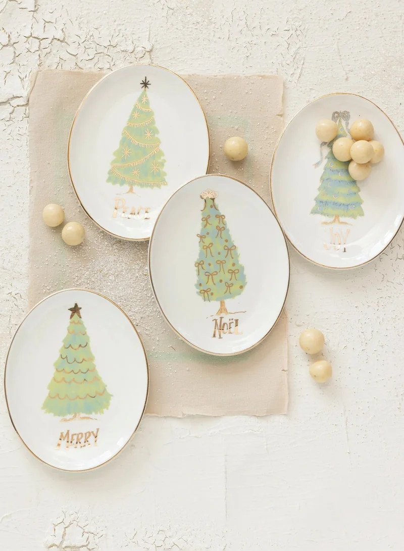 The Saffron Souk Oval Stoneware Dish with Christmas Tree - Merry