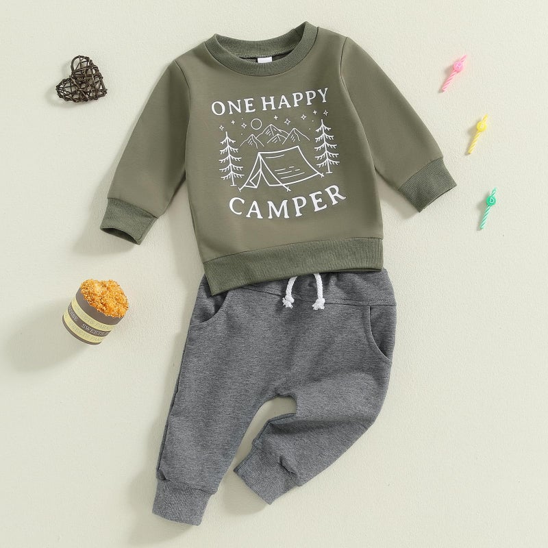 Frietlebird First Birthday Outfit Boy 1st Birthday Outfit Boy Long Sleeve One Happy Camper Sweatshirt Pants Wild One Birthday Outfit (L-Army Green,12-18 Months) - Image 2