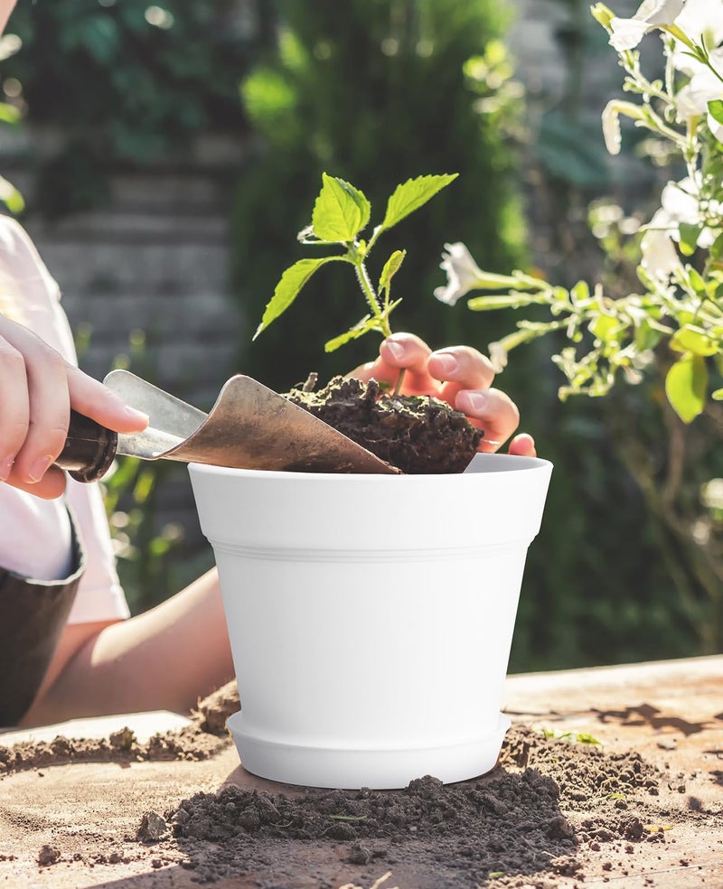 homenote Pots for Plants, 8 Pcs 7.5 Inch Plastic Planters with Multiple Drainage Holes and Tray - Plant Pots for All Home Garden Flowers Succulents, Cream White - Image 3