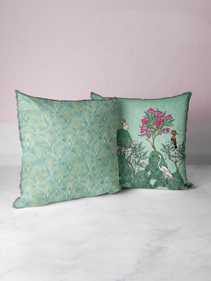 BIANCA Designer Reversible Printed Silk Linen Cushion Covers -2pc 16 X16 Set (Suzane) | with Contrast Front & Back Digital Print | Hidden Zipper Floral-Ornamental-Mint/Teal - Image 1