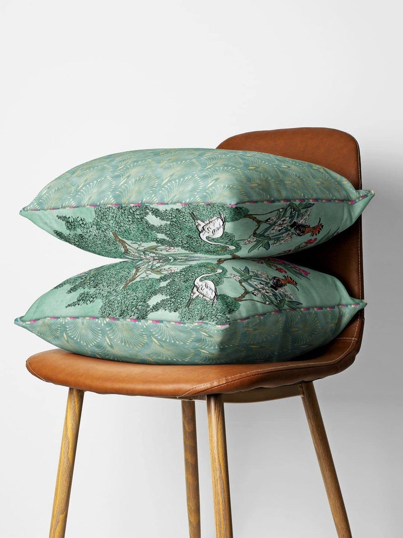 BIANCA Designer Reversible Printed Silk Linen Cushion Covers -2pc 16 X16 Set (Suzane) | with Contrast Front & Back Digital Print | Hidden Zipper Floral-Ornamental-Mint/Teal - Image 2