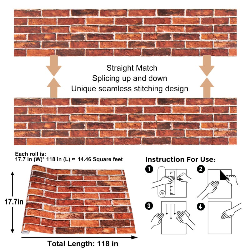 Abyssaly Brick Wallpaper Peel and Stick Red Brick Wallpaper for Bedroom 17.7" X 118" Faux Peel and Stick Wall Paper for Fireplace Kitchen Accent Home Decoration Party Brick Wrapping Paper for Backsplash - Image 3
