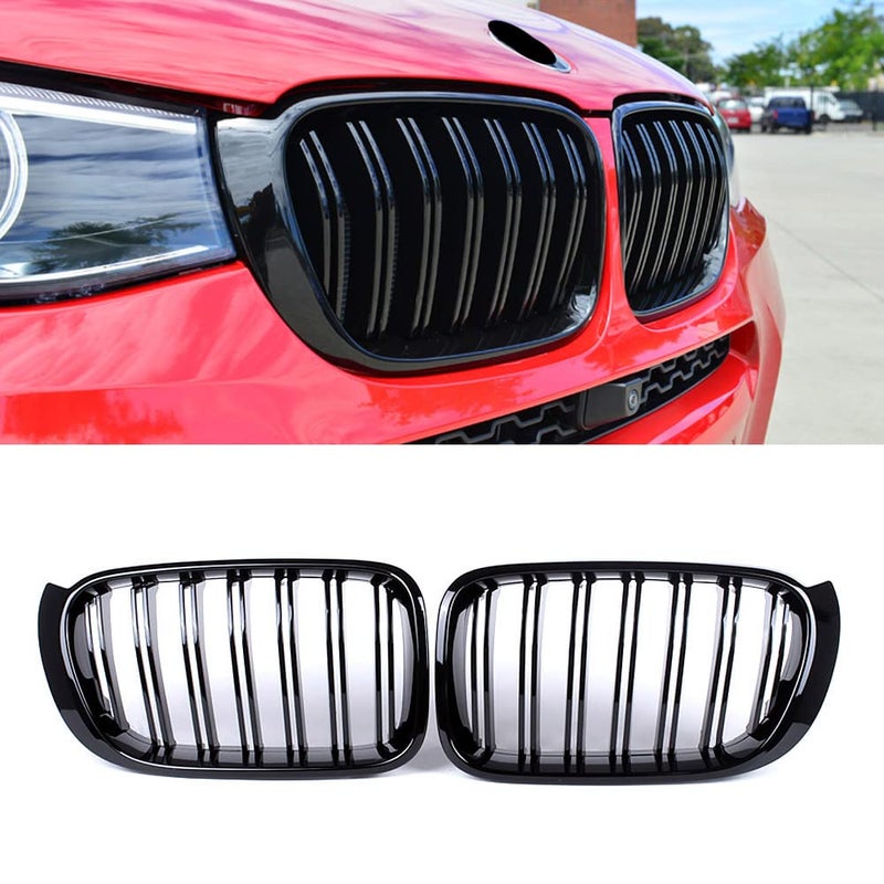 SNA F25 Grill Compatible with BMW 20152017 X3 F25 20152018 X4 F26 Front Kidney Grille Gloss Black ABS with Double Slats 2pc Set