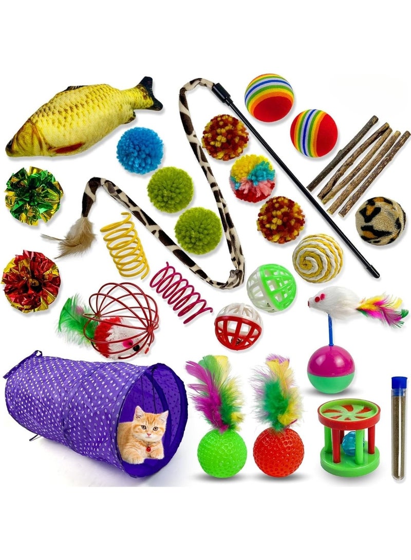 إيروريكس مجموعة ألعاب القطط التفاعلية المكونة من 30 قطعة مع نفق وكرات ملونة ونوابض وأعشاب النعناع البري وريش السمك وعصا للعب والتمرين الداخلي ومتعة الصيد - Image 1