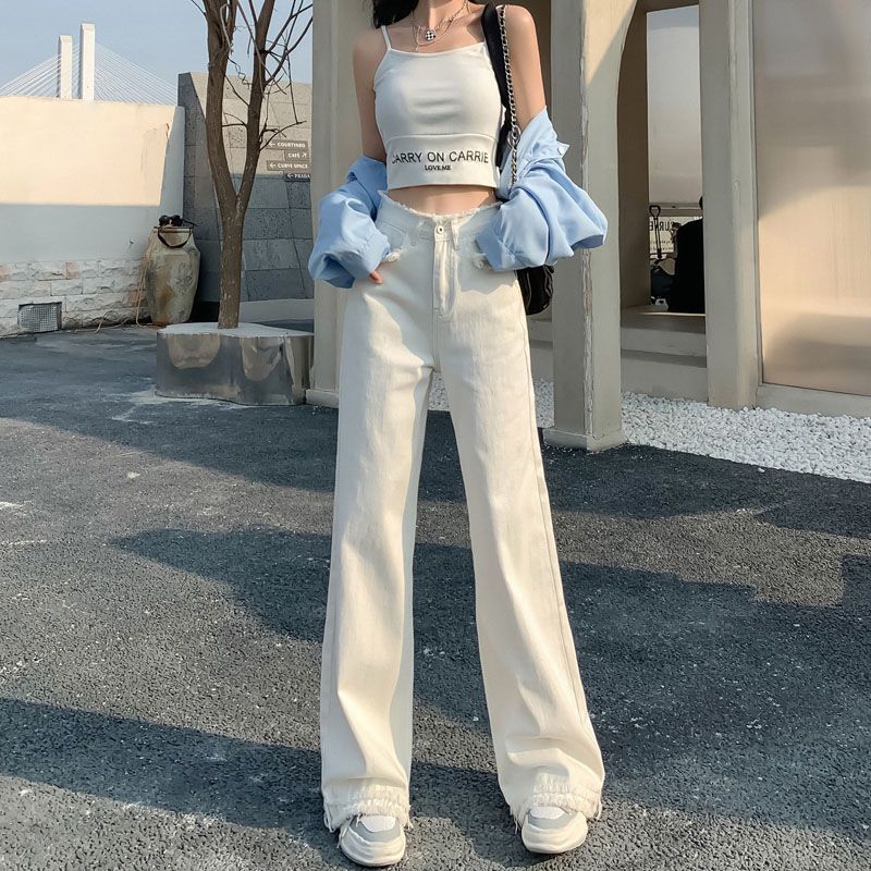 Women's High Waist Straight Wide Leg White Jeans with Raw Hem - Image 4