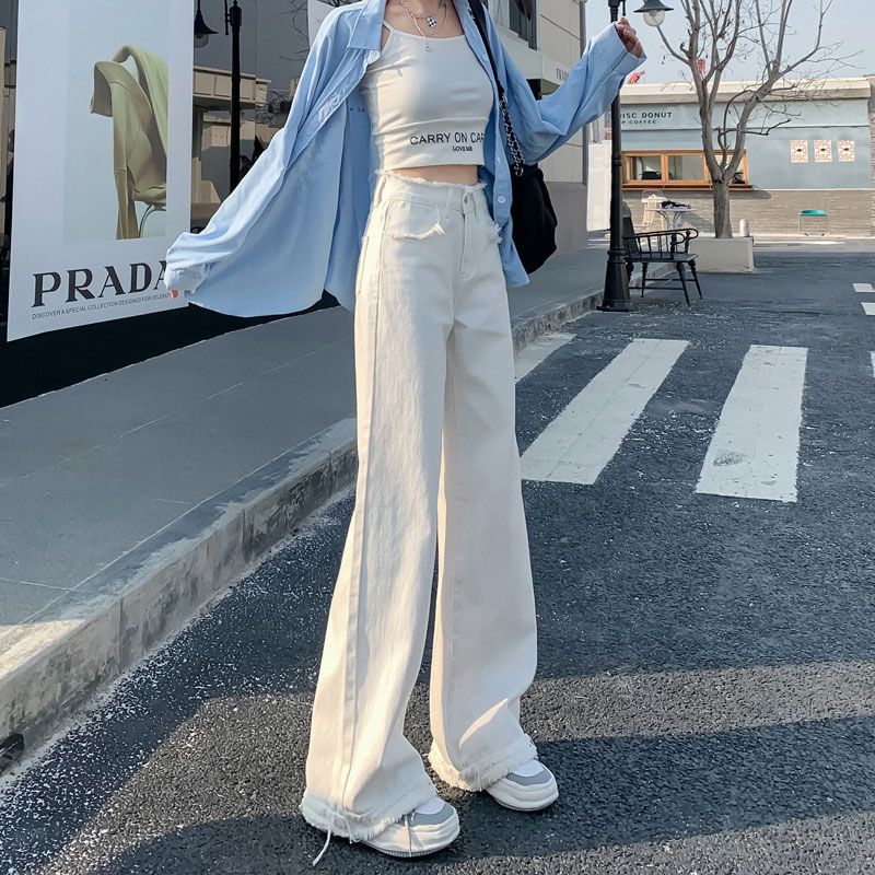 Women's High Waist Straight Wide Leg White Jeans with Raw Hem - Image 3