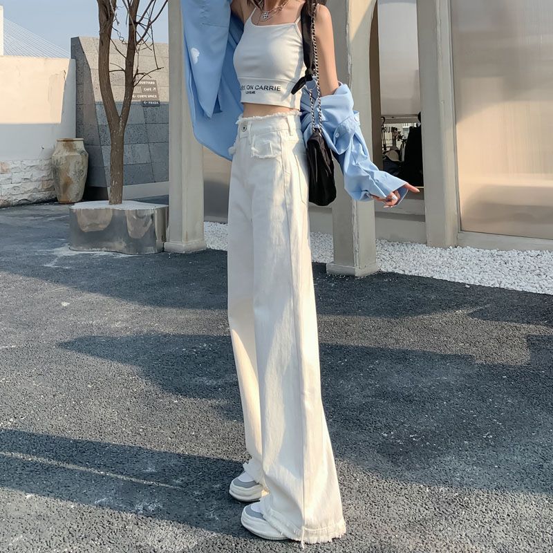 Women's High Waist Straight Wide Leg White Jeans with Raw Hem - Image 2