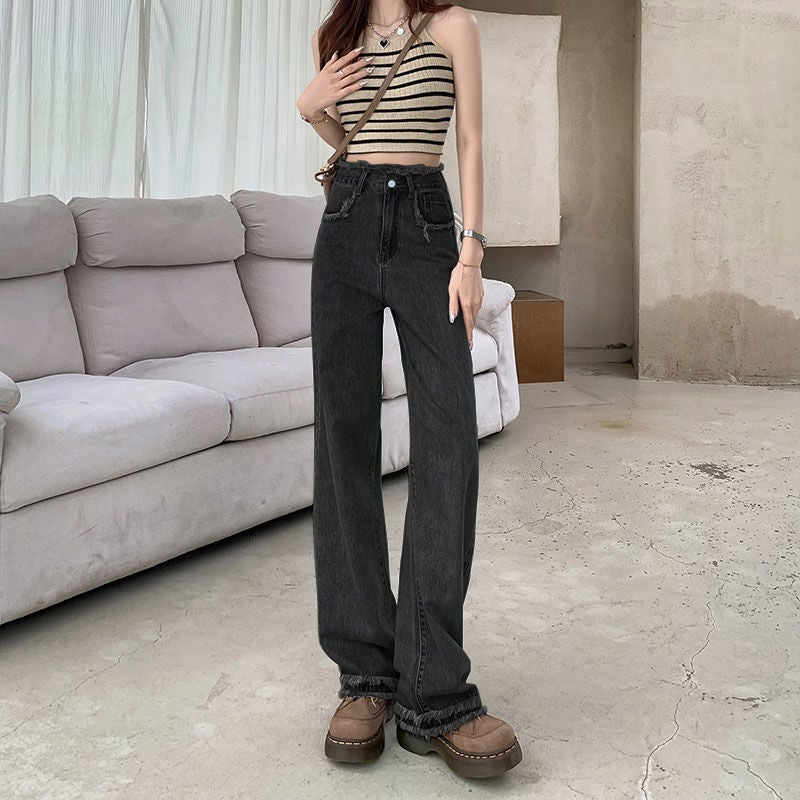 Women's High Waist Straight Wide Leg White Jeans with Raw Hem - Image 1