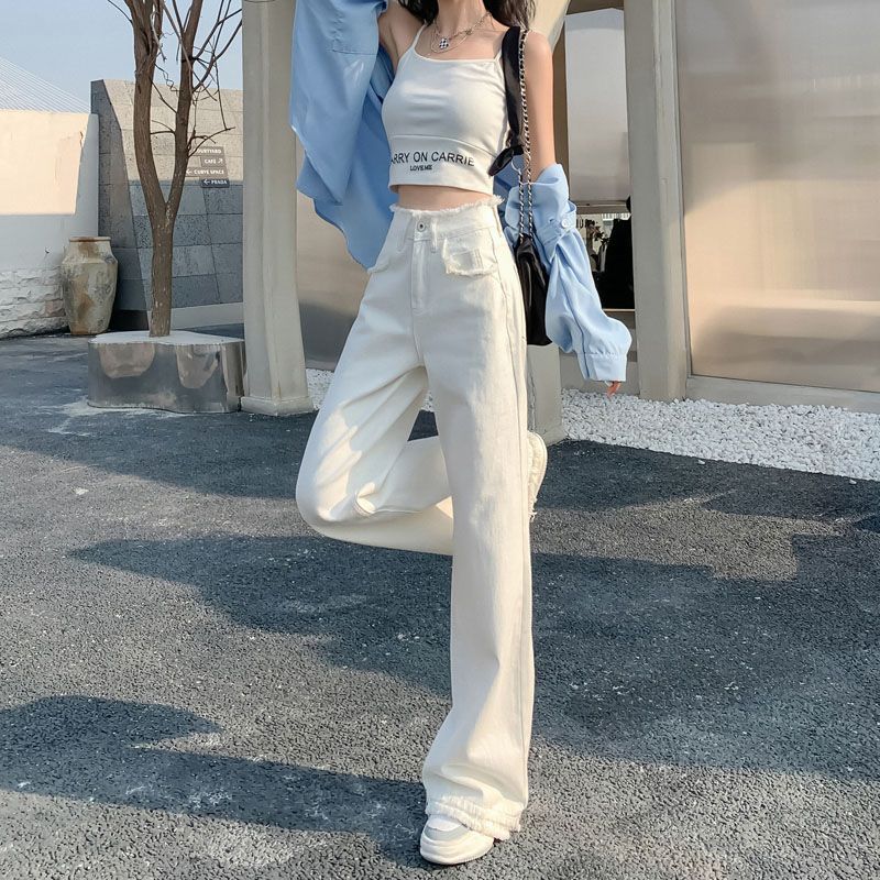 Women's High Waist Straight Wide Leg White Jeans with Raw Hem - Image 5