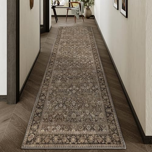 HUGEAR 2x8 Runner Rug Machine Washable Brown Hallway Area Rug Indoor Accent Rugs Floral Low Pile Carpet Soft Throw Rugs Bedroom Living Room Office Dining Kitchen Laundry Non Slip - Image 1