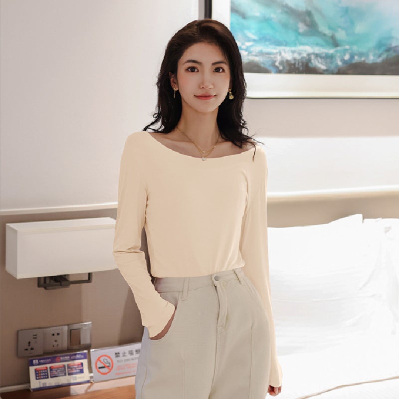 Modal Seamless Base Shirt Women'S Solid Color Thin Elastic Upper Body Large Round Neck Long Sleeve T-Shirt - Image 5