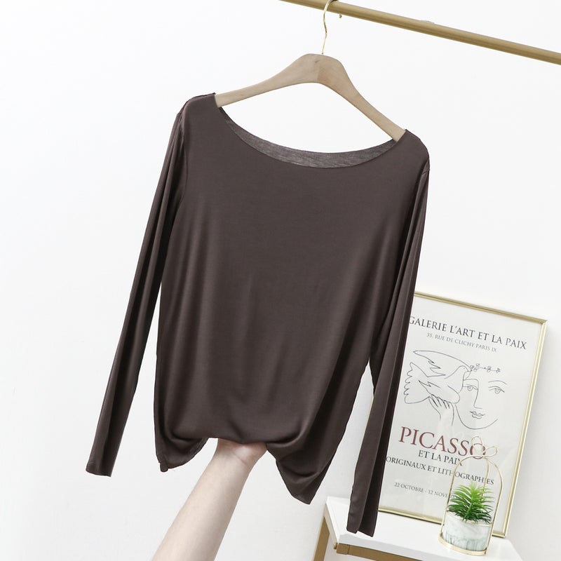 Modal Seamless Base Shirt Women'S Solid Color Thin Elastic Upper Body Large Round Neck Long Sleeve T-Shirt - Image 1