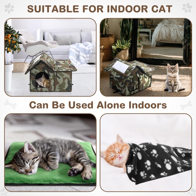 Dansydaisy 3 Pcs 21"x 18" Outdoor Waterproof Cat House with Curtained Door Self Warming Pad Blanket Large Feral Cat Shelter Winter Camo Collapsible Kitty Dog Bed Outside, 3 Tent Stakes, Easy Assemble - Image 3