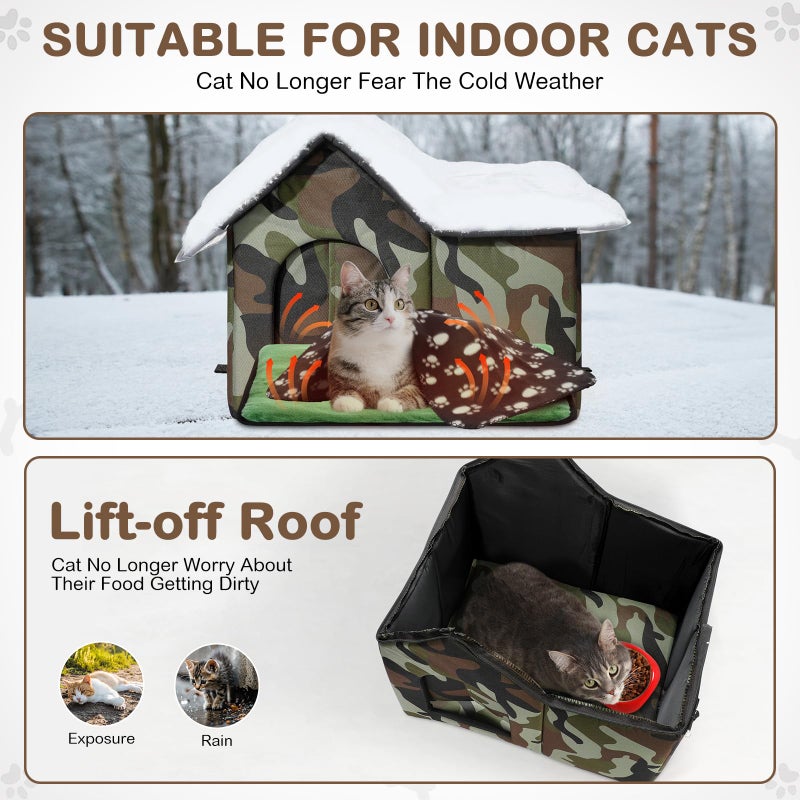 Dansydaisy 3 Pcs 21"x 18" Outdoor Waterproof Cat House with Curtained Door Self Warming Pad Blanket Large Feral Cat Shelter Winter Camo Collapsible Kitty Dog Bed Outside, 3 Tent Stakes, Easy Assemble - Image 2
