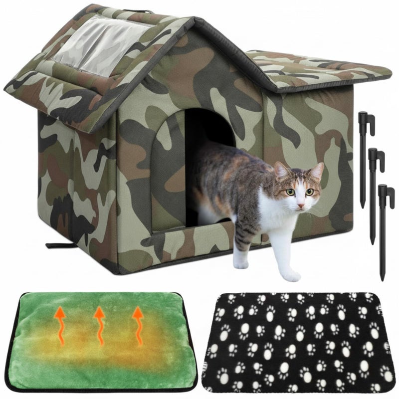 Dansydaisy 3 Pcs 21"x 18" Outdoor Waterproof Cat House with Curtained Door Self Warming Pad Blanket Large Feral Cat Shelter Winter Camo Collapsible Kitty Dog Bed Outside, 3 Tent Stakes, Easy Assemble - Image 1