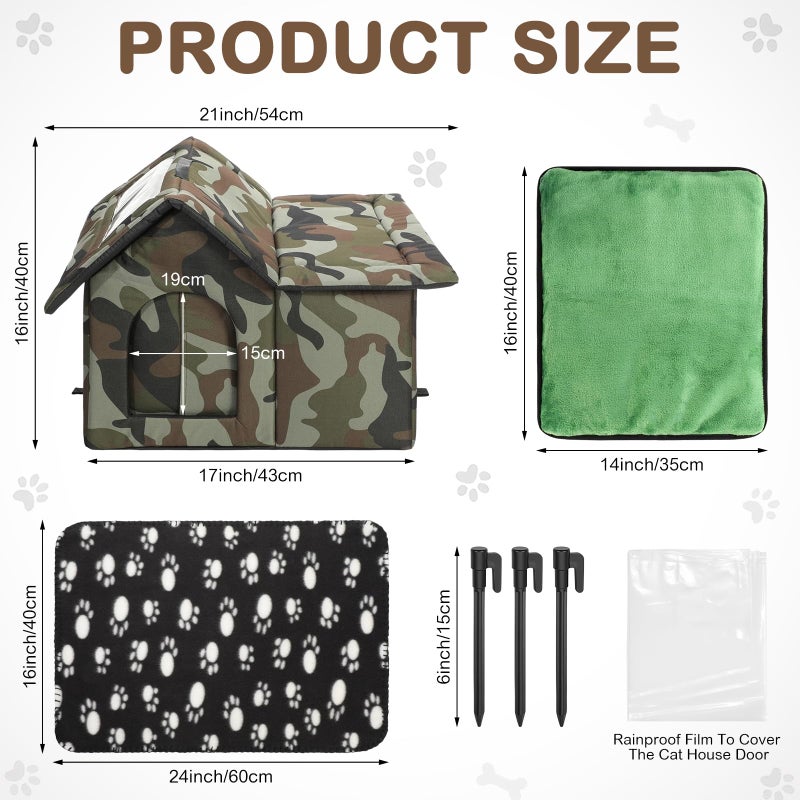 Dansydaisy 3 Pcs 21"x 18" Outdoor Waterproof Cat House with Curtained Door Self Warming Pad Blanket Large Feral Cat Shelter Winter Camo Collapsible Kitty Dog Bed Outside, 3 Tent Stakes, Easy Assemble - Image 4