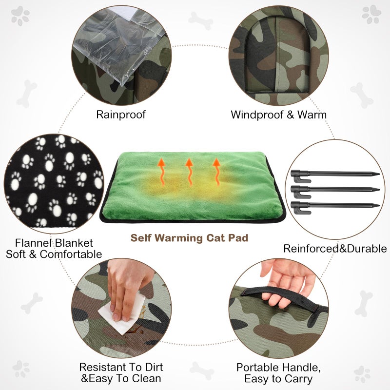 Dansydaisy 3 Pcs 21"x 18" Outdoor Waterproof Cat House with Curtained Door Self Warming Pad Blanket Large Feral Cat Shelter Winter Camo Collapsible Kitty Dog Bed Outside, 3 Tent Stakes, Easy Assemble - Image 5