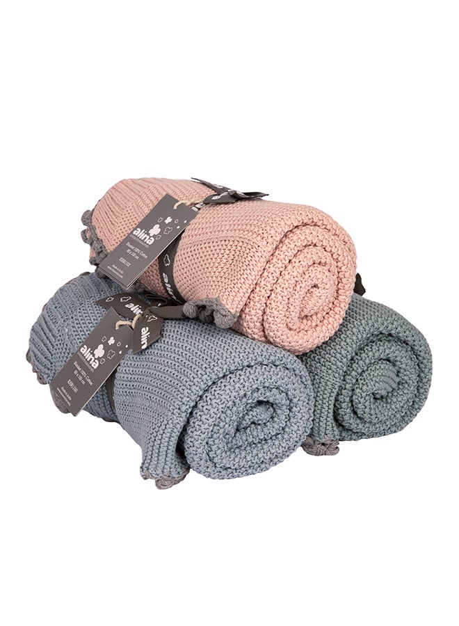 Alina Blanket 100% Cotton Knitted (Mini Moss Stitch With Border Mineral Blue ) - Image 3