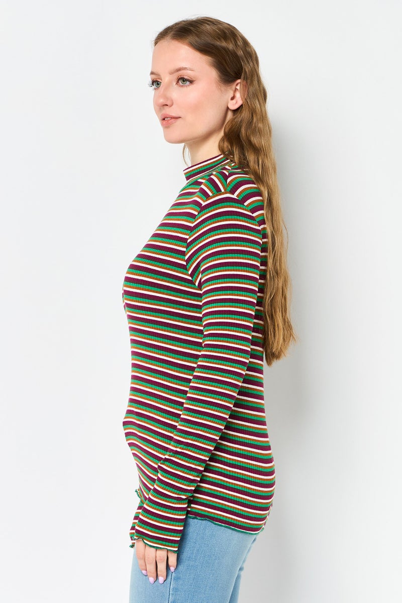 promod Women Mock Neck Long Sleeve Stripe Top, Multicolor - Image 3