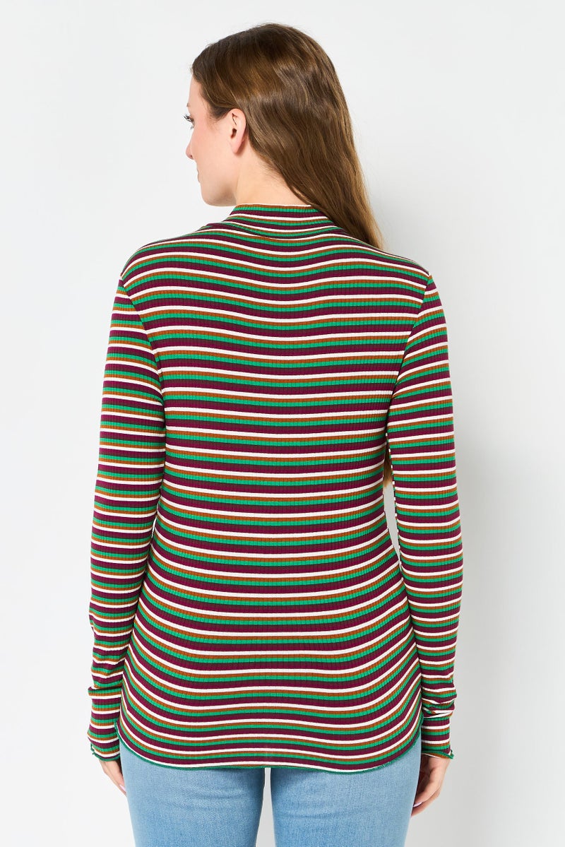 promod Women Mock Neck Long Sleeve Stripe Top, Multicolor - Image 4