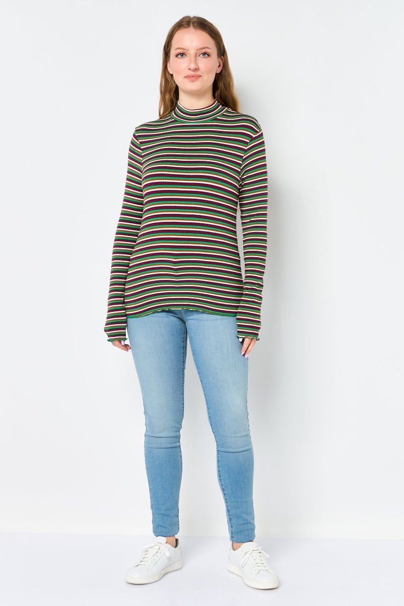 promod Women Mock Neck Long Sleeve Stripe Top, Multicolor - Image 2