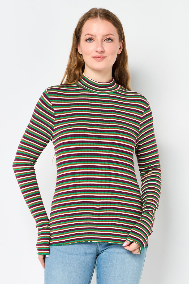 promod Women Mock Neck Long Sleeve Stripe Top, Multicolor - Image 1