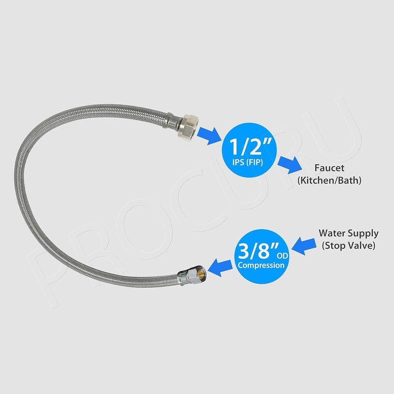 PROCURU [2-Pack] 24-Inch (2Ft) x 3/8" Comp x 1/2" FIP Faucet Hose Connector, Braided Stainless Steel Supply Line, Certified Safe (9SF24-2P) - Image 4