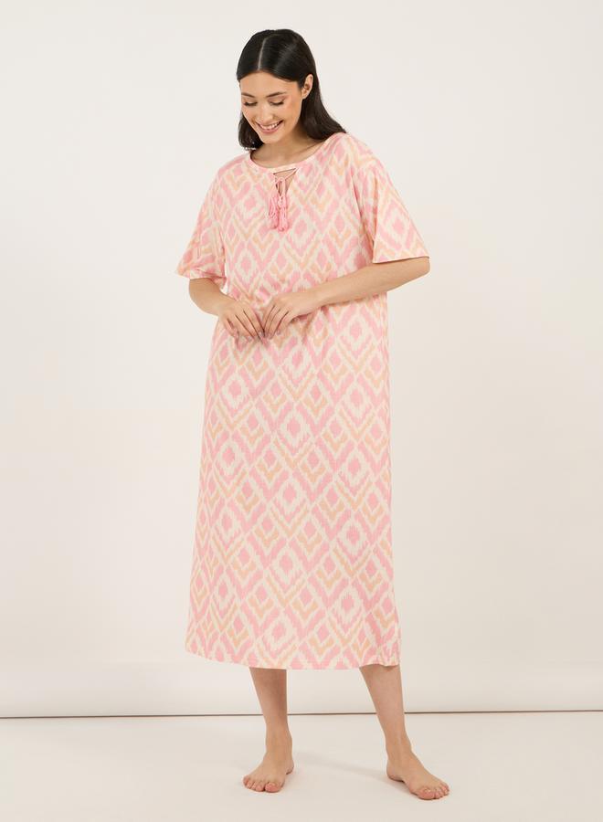 Styli Tie-Up Tassel Detail Neck Aztec Print Sleep T-Shirt Dress  - Image 1
