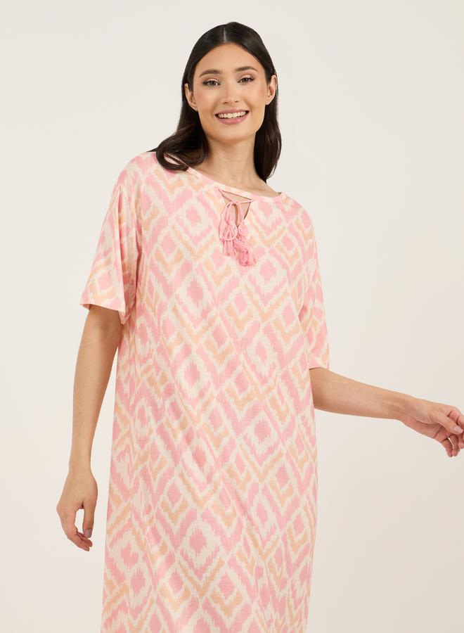 Styli Tie-Up Tassel Detail Neck Aztec Print Sleep T-Shirt Dress  - Image 2