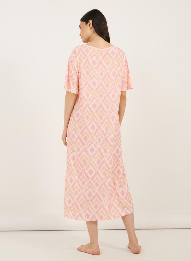 Styli Tie-Up Tassel Detail Neck Aztec Print Sleep T-Shirt Dress  - Image 4