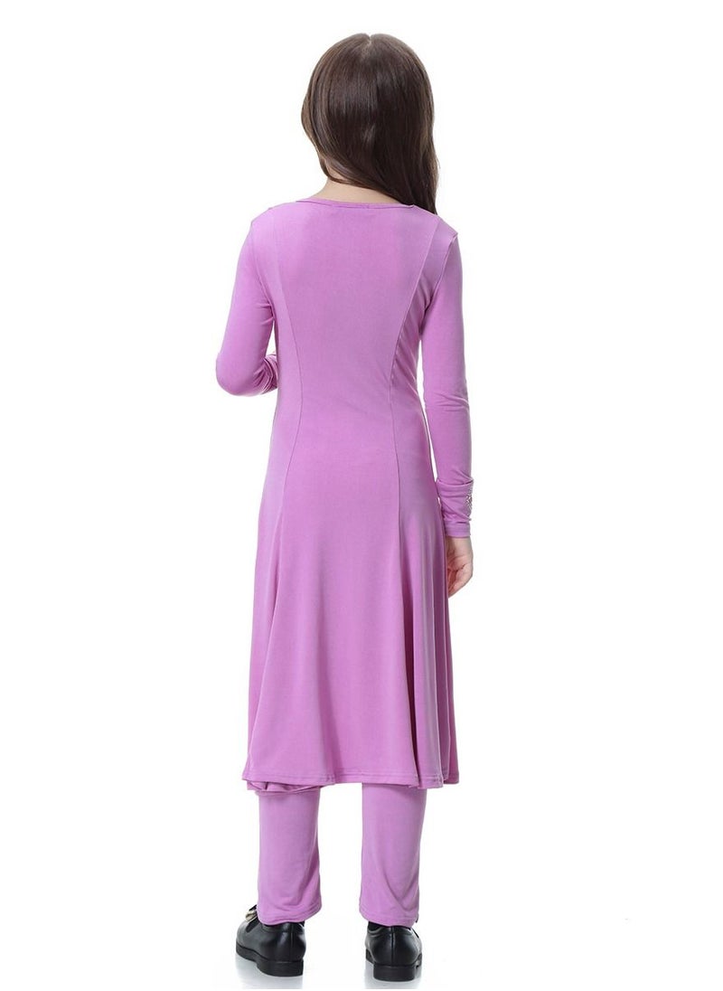 Loquat - Girl's Traditional Solid Color 2-Piece Long Sleeve Dress With Pants Light Purple - Image 1