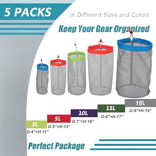 Alemon Small to XXlarge 5 Pcs Drawstring Mesh Stuff Sack, Ditty Bags Storage Pouch Bags Sleeping Bag for Travel Camping Hiking, Ultralight, Set of 5 - Image 2