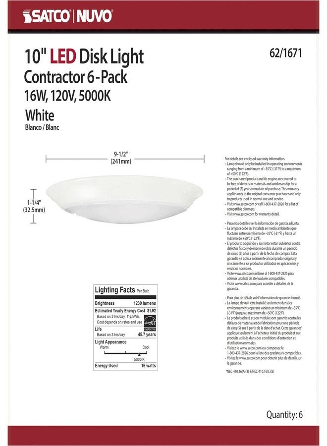 نوفو مصابيح Nuvo Lighting 62/1671 LED قرصية الشكل بقوة 16 واط ودرجة حرارة لون 5000 كلفن (عبوة من 6 مصابيح) بتصميم عصري - ارتفاع 1.28 بوصة وعرض 9.49 بوصة، اللون: أبيض - Image 5