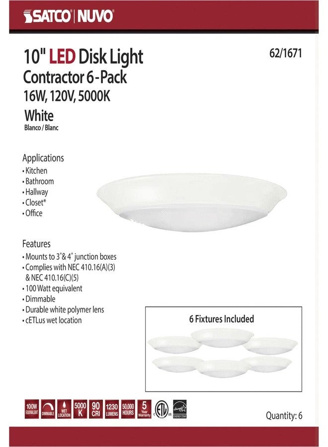 نوفو مصابيح Nuvo Lighting 62/1671 LED قرصية الشكل بقوة 16 واط ودرجة حرارة لون 5000 كلفن (عبوة من 6 مصابيح) بتصميم عصري - ارتفاع 1.28 بوصة وعرض 9.49 بوصة، اللون: أبيض - Image 4