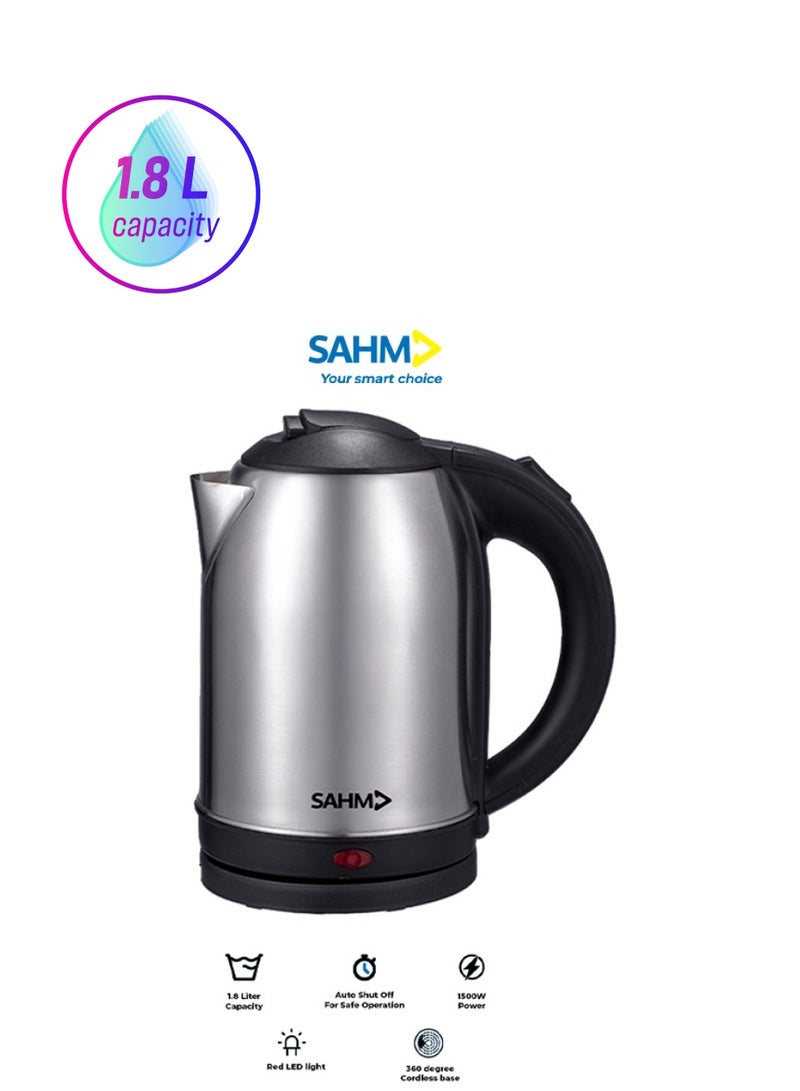 سهم غلاية كهربائية من الفولاذ المقاوم للصدأ، سعة 1.8 لتر، 1500 واط، غليان سريع، تصميم متين، الموديل: SHM-18KTGD-S - Image 1