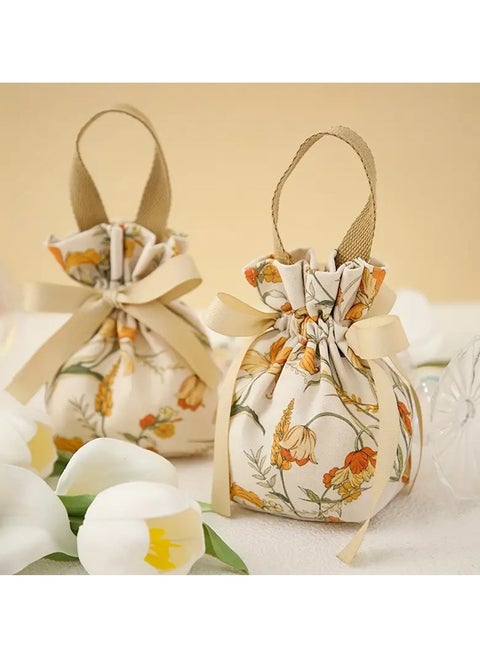 12pcs Elegant Floral Drawstring Gift Bags with Champagne Ribbon Accents - Soft, Durable Polyester, Reusable - Ideal for Weddings, Parties, Jewelry & Candy Storage, Small Gift Bags