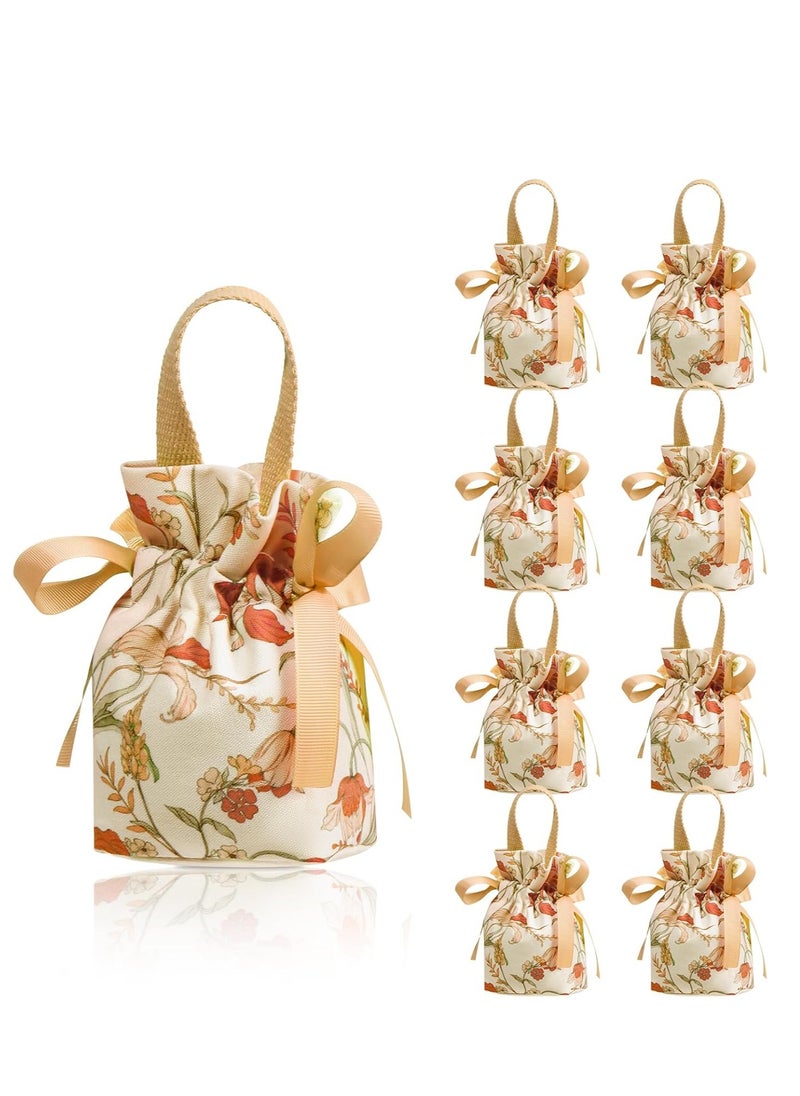 12pcs Elegant Floral Drawstring Gift Bags with Champagne Ribbon Accents - Soft, Durable Polyester, Reusable - Ideal for Weddings, Parties, Jewelry & Candy Storage, Small Gift Bags