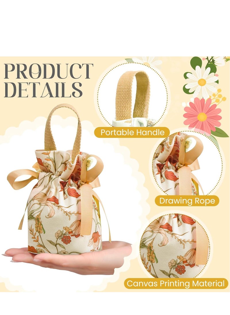 12pcs Elegant Floral Drawstring Gift Bags with Champagne Ribbon Accents - Soft, Durable Polyester, Reusable - Ideal for Weddings, Parties, Jewelry & Candy Storage, Small Gift Bags