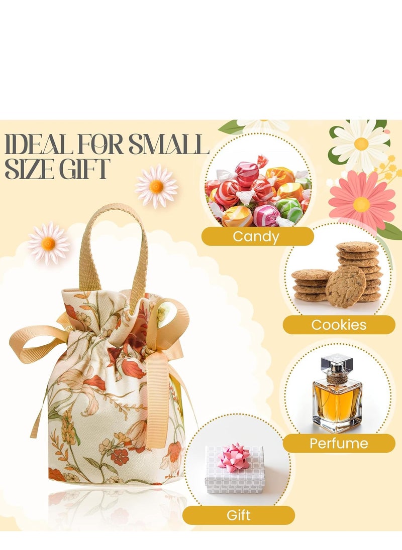 12pcs Elegant Floral Drawstring Gift Bags with Champagne Ribbon Accents - Soft, Durable Polyester, Reusable - Ideal for Weddings, Parties, Jewelry & Candy Storage, Small Gift Bags