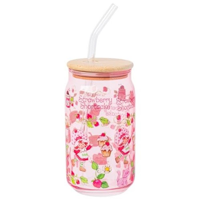 Silver Buffalo Strawberry Shortcake Berry Print Glass Tumbler with Bamboo Lid and Glass Straw Featuring Strawberry Shortcake and Custard, 16 Ounces - Image 1