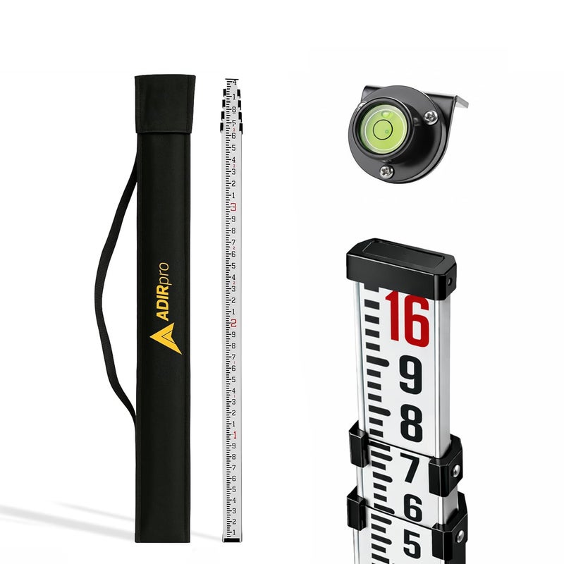 AdirPro 16-Foot Aluminum Grade Rod - 10ths, Dual Sided 5-Section Telescopic Leveling Rod â€“ Bubble Level and Soft Carrying Case Included - Image 1