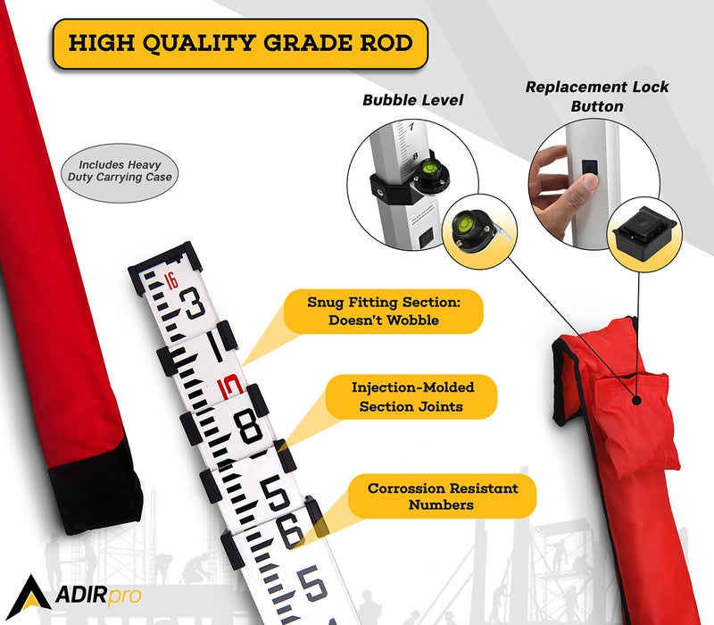 AdirPro 16-Foot Aluminum Grade Rod - 10ths, Dual Sided 5-Section Telescopic Leveling Rod â€“ Bubble Level and Soft Carrying Case Included - Image 2
