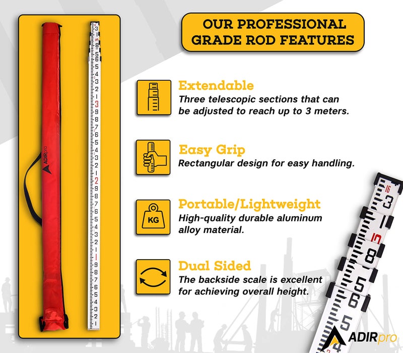 AdirPro 16-Foot Aluminum Grade Rod - 10ths, Dual Sided 5-Section Telescopic Leveling Rod â€“ Bubble Level and Soft Carrying Case Included - Image 3