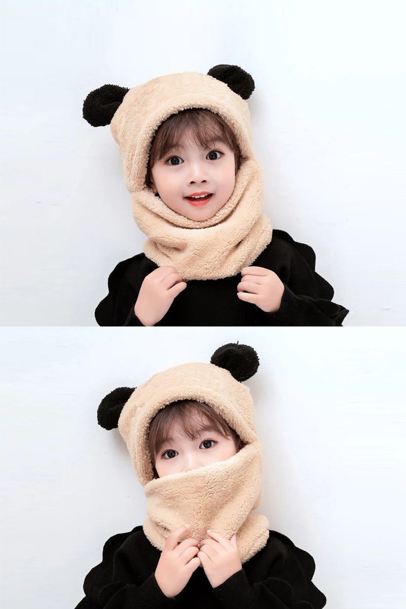 KAŞIKBEY Evimli Panda Kids Hooded Eared Plush Beanie Welsoft Polar Windproof Neck Hat  - Image 1