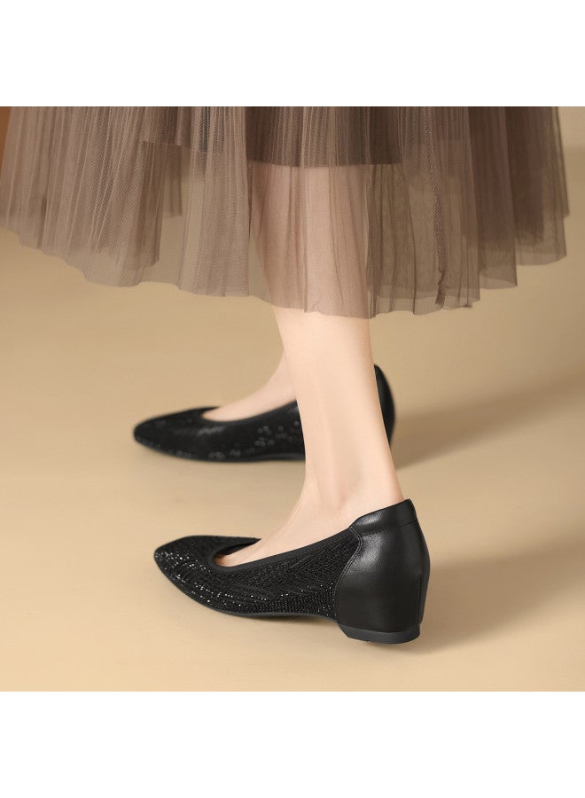 St&Sat French-style Square-toe Crystal Shallow Opening Women's Single Shoes With Internal Height Increase, Breathable, Fashionable Business Commuting Shoes, Wedding Shoes - Image 3
